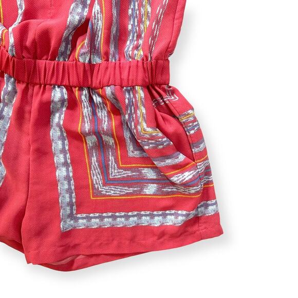 BCBGMAXAZRIA Chiffon Romper Soren Print RollTab Sleeve Pink Coastal Beach Chic - Picture 8 of 13